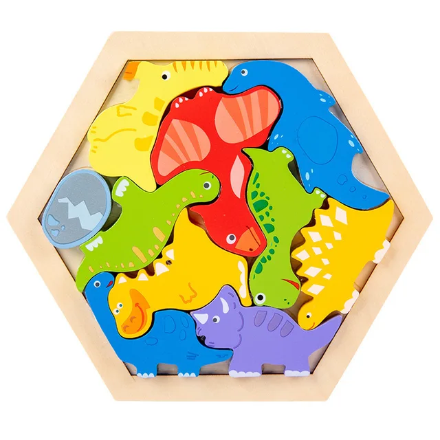 Puzzle din Lemn 3D Tetris în Formă Hexagonală cu Dinozauri
