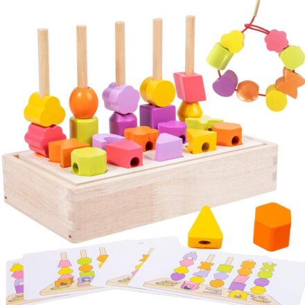 Set jucarii educationale Montessori din lemn cu margele pentru secventiere, blocuri de stivuire, 2-5 ani, multicolor
