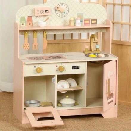 Bucatarie din lemn natural pentru copii cu accesorii Roz